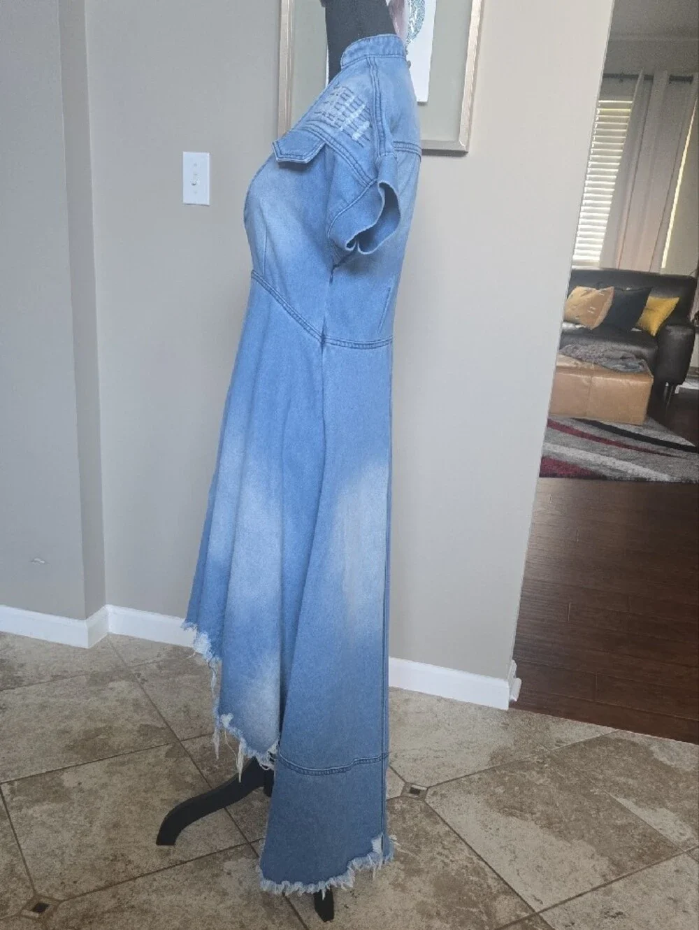 Blue Denim V-Neck Midi Dress with Frayed Hem